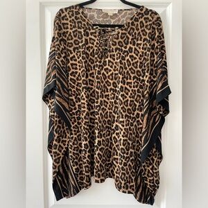 Michael Kors Size M Lace-Up Leopard Print Kaftan Tunic Blouse